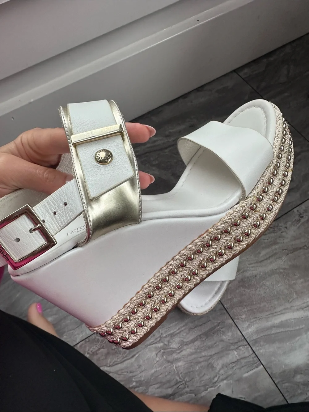 Nero Giardini wedge sandals feature a studded espadrille platform Size 37